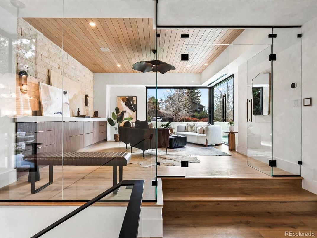 Interior, Living room, Pendant Lights, Recessed Lighting, Wooden Ceilings, Wood Texture Flooring