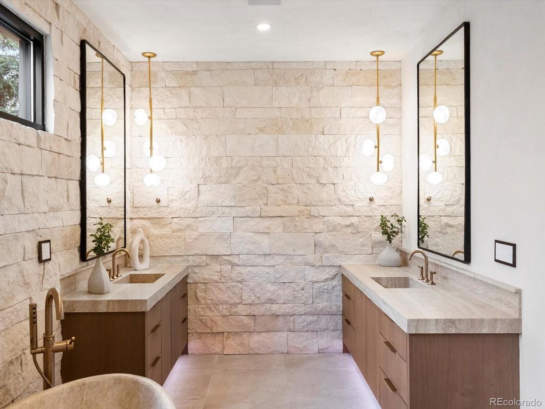 Bathroom, Dual Sink Vanities, Interior, Pendant Lights, Recessed Lighting, Stone Walls