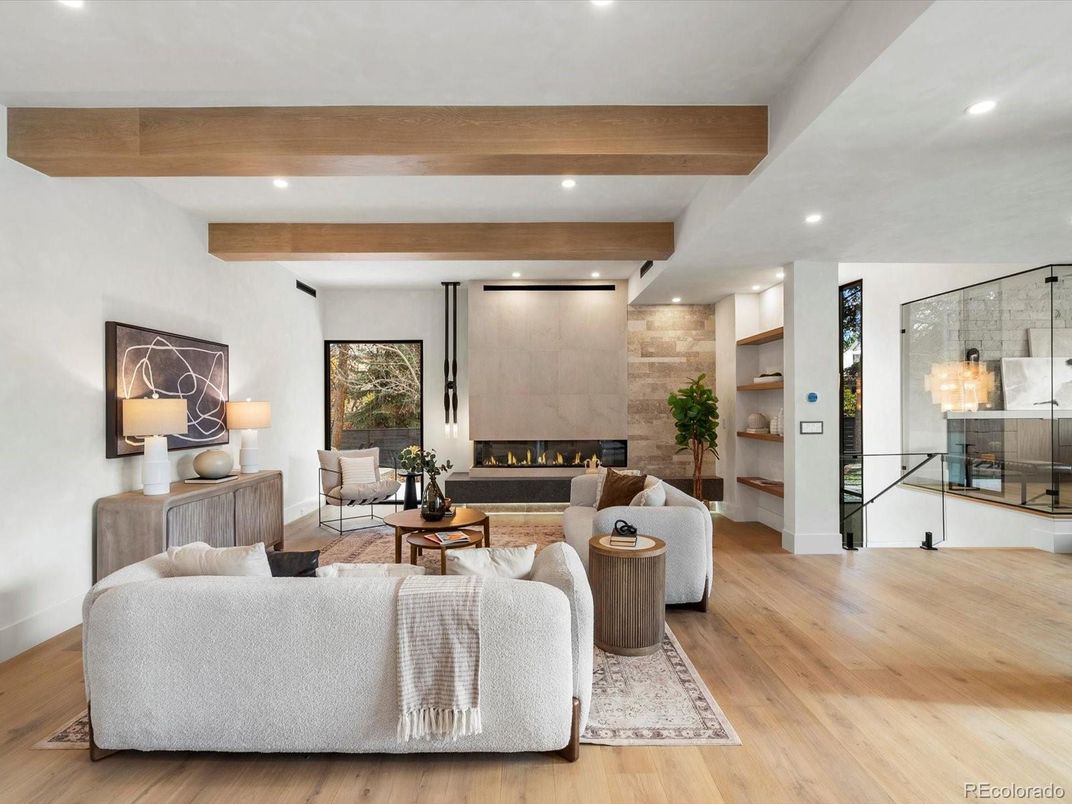 Fireplace, Interior, Living room, Recessed Lighting, Stone Walls, Wooden Beams, Wood Texture Flooring