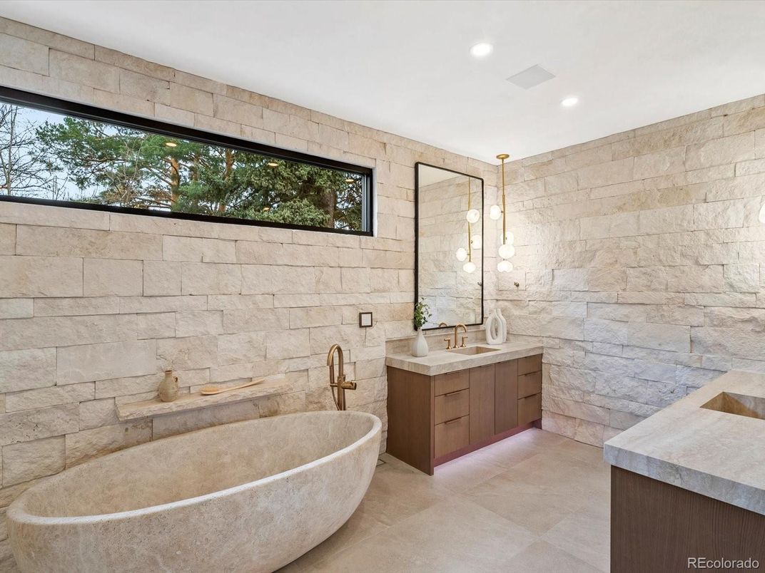 Bathroom, Dual Sink Vanities, Free Standing Baths, Interior, Pendant Lights, Recessed Lighting, Stone Walls