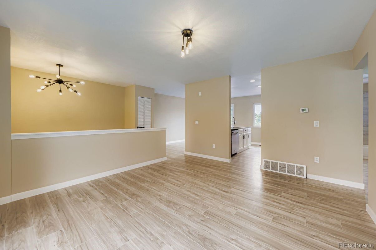 Empty room, Interior, Kitchen, Pendant Lights, Recessed Lighting, Wood Texture Flooring