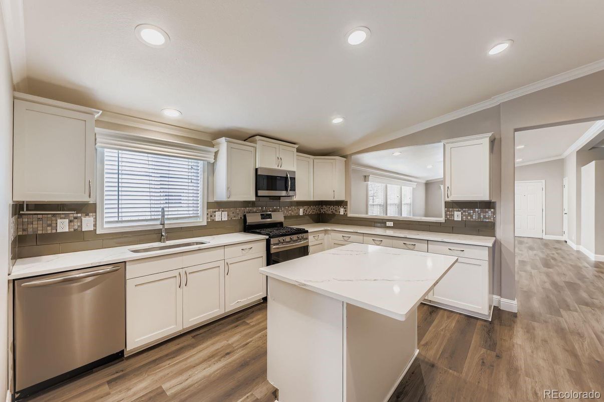 Interior, Kitchen, Recessed Lighting, Stainless Steel Appliances, Wood Texture Flooring