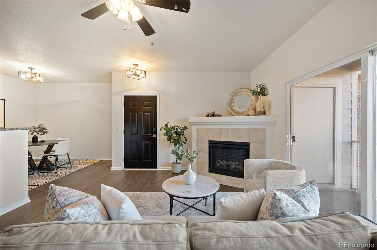 Dining room, Fireplace, Interior, Living room, Wood Texture Flooring