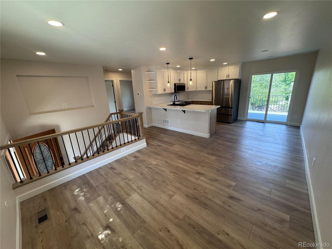 Interior, Kitchen, Pendant Lights, Recessed Lighting, Wood Texture Flooring