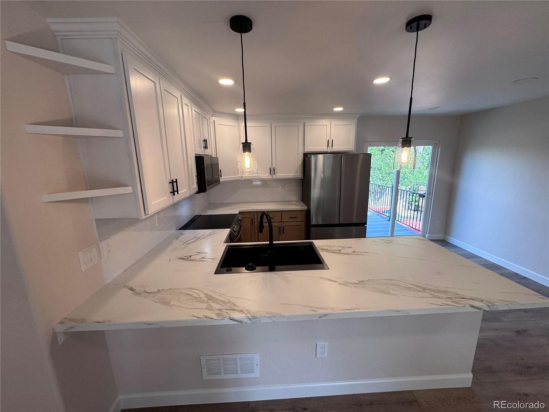 Interior, Kitchen, Pendant Lights, Recessed Lighting, Wood Texture Flooring