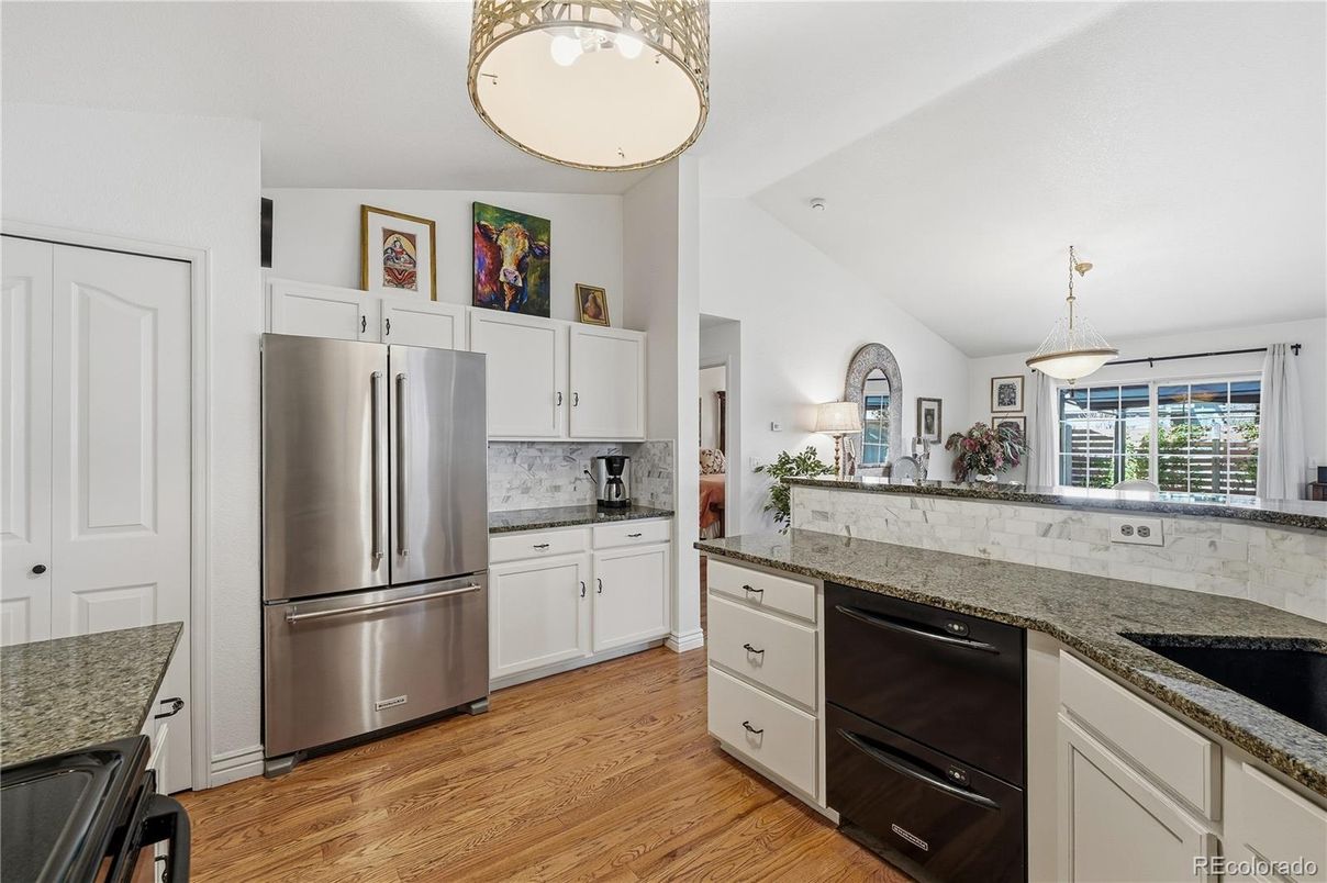 Interior, Kitchen, Pendant Lights, Stainless Steel Appliances, Wood Texture Flooring