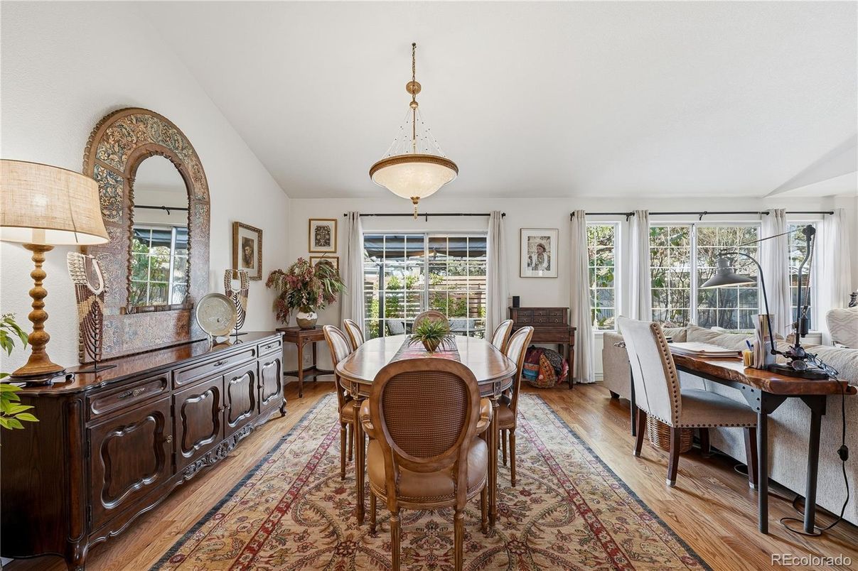 Dining room, Interior, Pendant Lights, Wood Texture Flooring