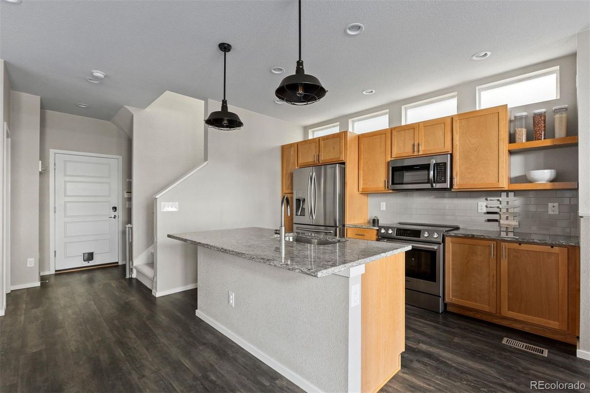 Interior, Kitchen, Pendant Lights, Recessed Lighting, Stainless Steel Appliances, Wood Texture Flooring