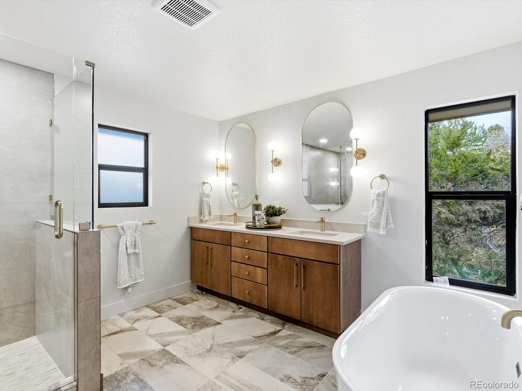 Bathroom, Dual Sink Vanities, Free Standing Baths, Glass Shower, Interior, Marble