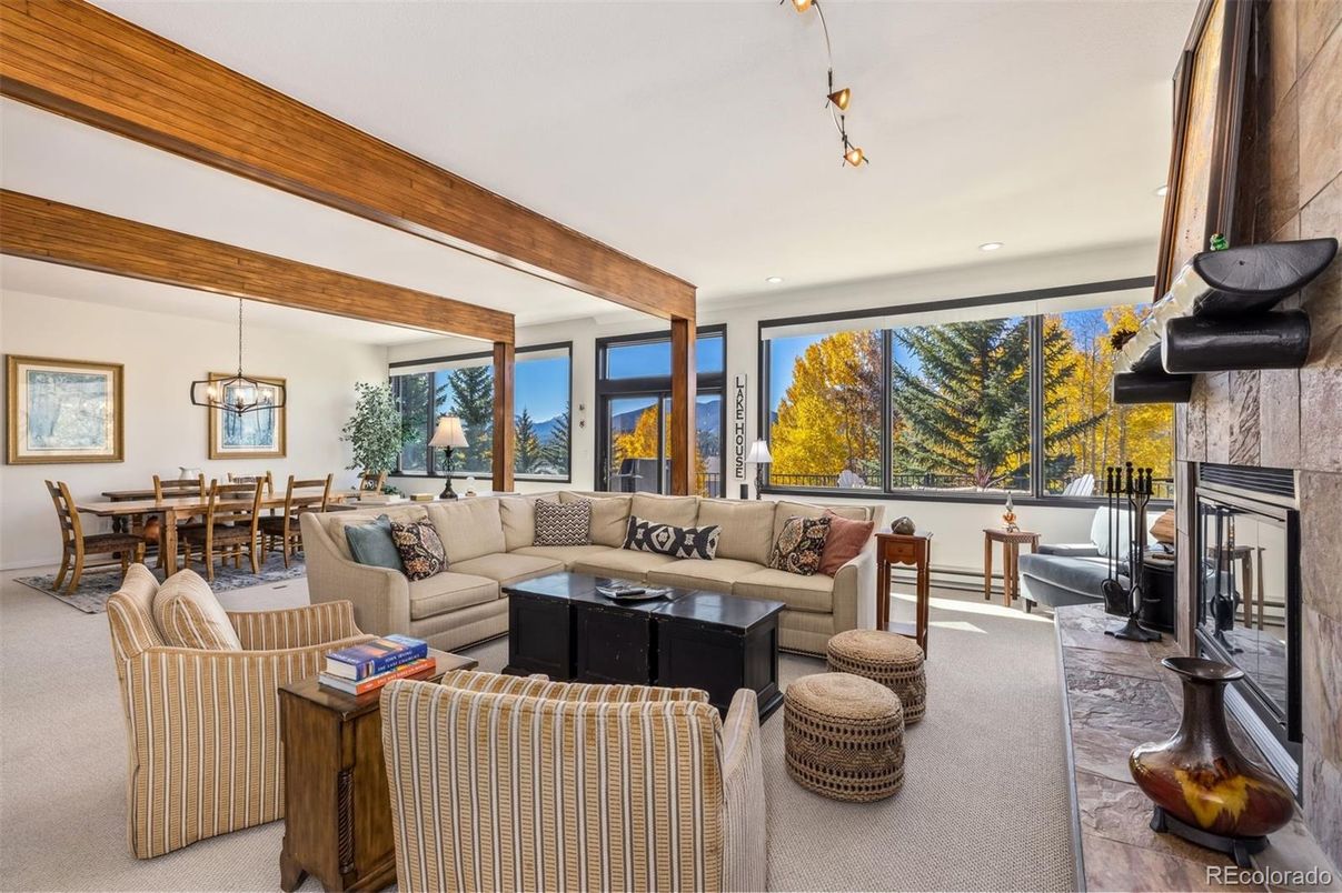 Dining room, Fireplace, Interior, Living room, Pendant Lights, Recessed Lighting, Wooden Beams