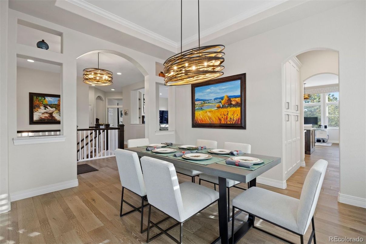 Dining room, Interior, Pendant Lights, Recessed Lighting, Wood Texture Flooring