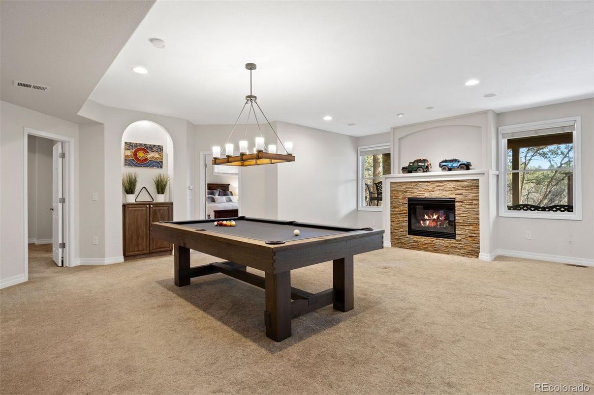 Billiard Table, Chandelier, Fireplace, Game Room, Interior, Pendant Lights, Recessed Lighting