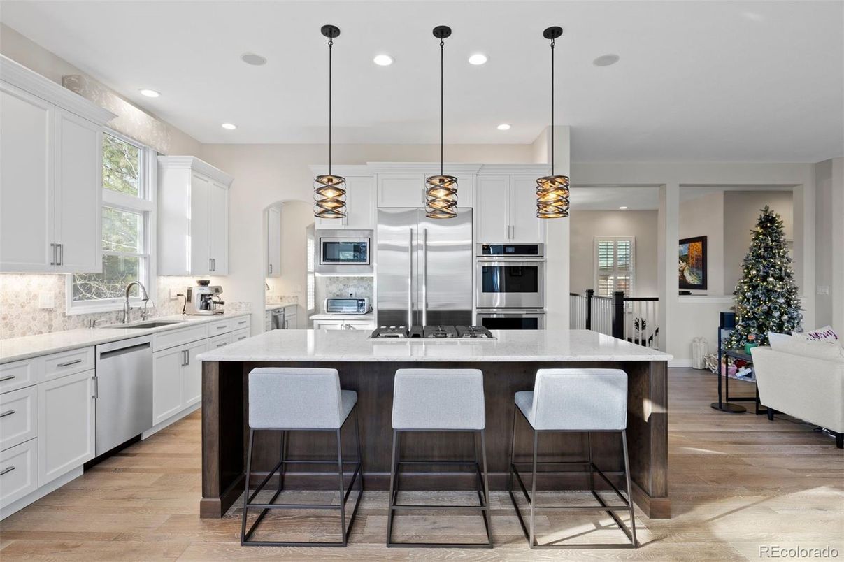 Interior, Kitchen, Pendant Lights, Recessed Lighting, Stainless Steel Appliances, Wood Texture Flooring