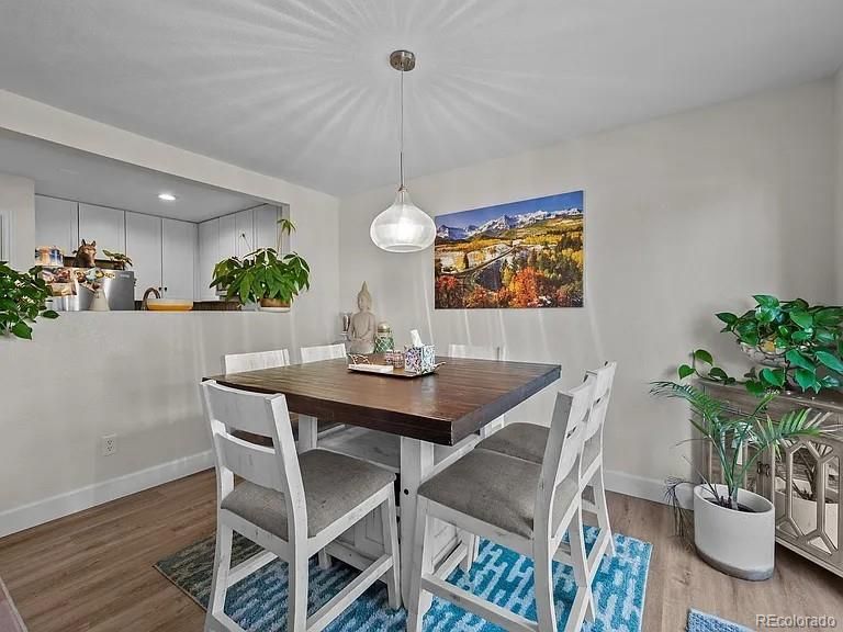 Dining room, Interior, Pendant Lights, Recessed Lighting, Wood Texture Flooring