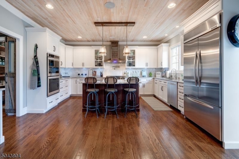 Interior, Kitchen, Pendant Lights, Recessed Lighting, Stainless Steel Appliances, Wooden Ceilings, Wood Texture Flooring