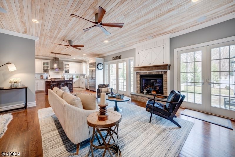 Fireplace, Interior, Kitchen, Living room, Pendant Lights, Recessed Lighting, Wooden Ceilings, Wood Texture Flooring