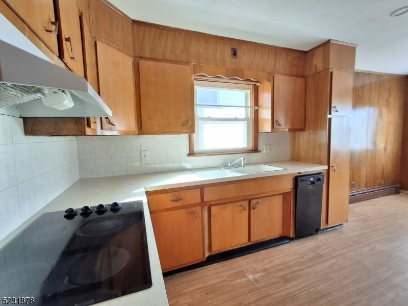 Interior, Kitchen, Tile Countertops, Wood Texture Flooring