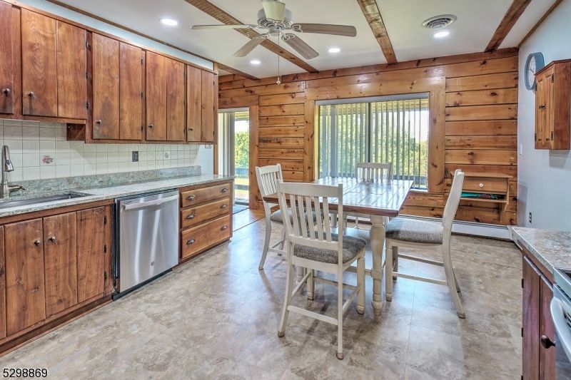 Dining room, Interior, Kitchen, Recessed Lighting, Wooden Walls