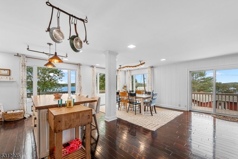 Dining room, Interior, Pendant Lights, Recessed Lighting, Water, Wood Texture Flooring