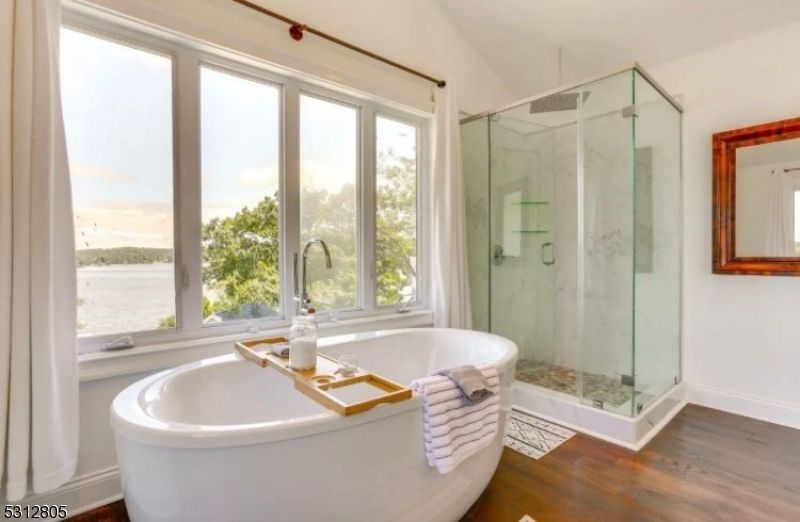 Bathroom, Free Standing Baths, Glass Shower, Interior, Marble Walls, Water, Wood Texture Flooring