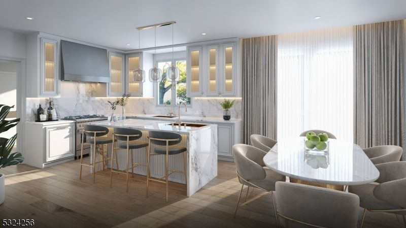 Dining room, Interior, Kitchen, Marble Walls, Pendant Lights, Recessed Lighting, Stainless Steel Appliances, Wood Texture Flooring