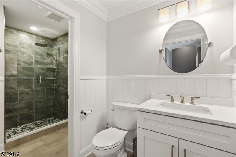 Bathroom, Glass Shower, Interior, Recessed Lighting, Wood Texture Flooring