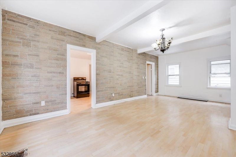 Chandelier, Empty room, Interior, Stone Walls, Wood Texture Flooring