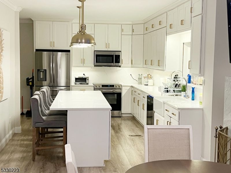 Interior, Kitchen, Pendant Lights, Stainless Steel Appliances, Wood Texture Flooring