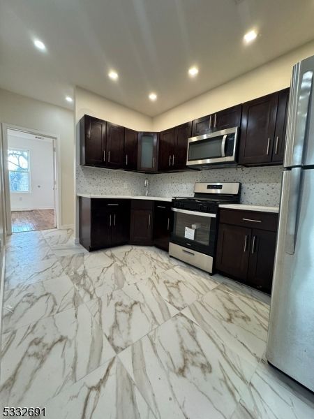 Interior, Kitchen, Marble, Recessed Lighting, Stainless Steel Appliances