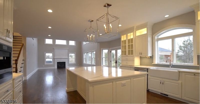 Chandelier, Fireplace, Interior, Kitchen, Pendant Lights, Recessed Lighting, Wood Texture Flooring