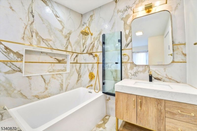 Bathroom, Glass Shower, Interior, Marble Walls, Recessed Lighting
