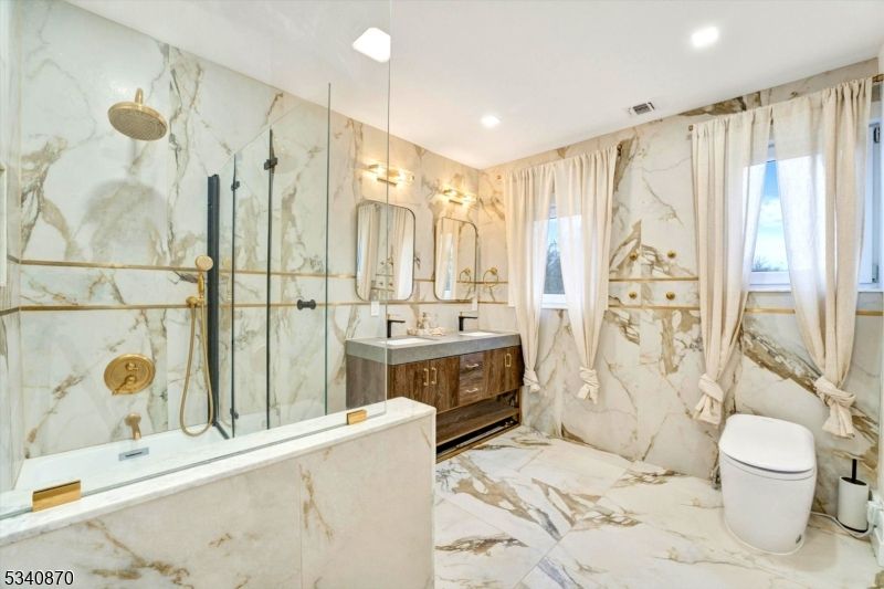 Bathroom, Glass Shower, Interior, Marble, Marble Walls, Recessed Lighting
