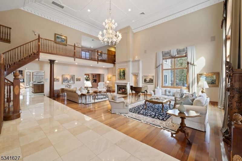 Chandelier, Fireplace, Interior, Living room, Recessed Lighting, Wood Texture Flooring