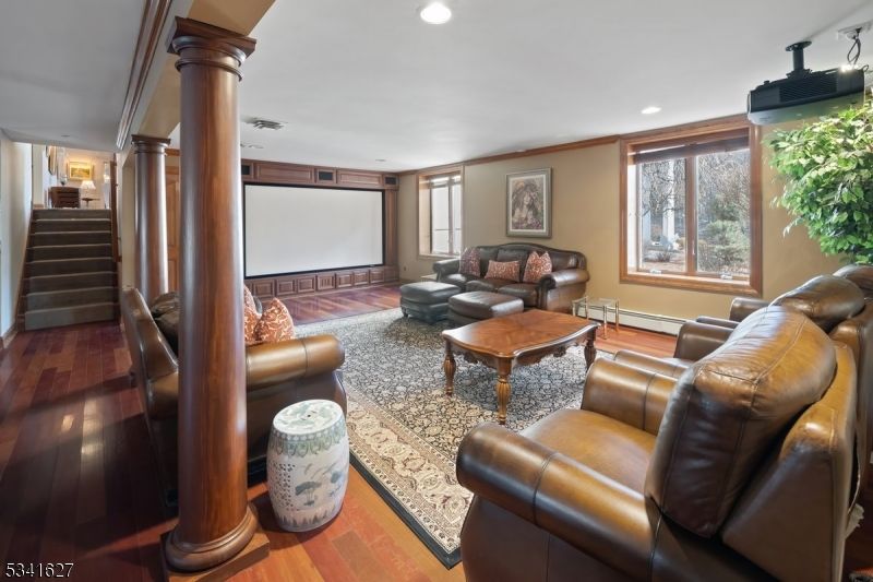Interior, Living room, Projection Screen, Recessed Lighting, Theatre Room, Wood Texture Flooring