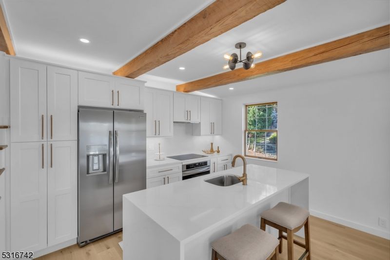 Interior, Kitchen, Recessed Lighting, Stainless Steel Appliances, Wooden Beams, Wood Texture Flooring