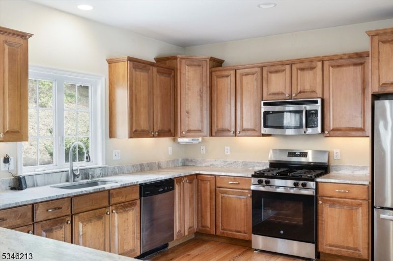 Interior, Kitchen, Recessed Lighting, Stainless Steel Appliances, Wood Texture Flooring