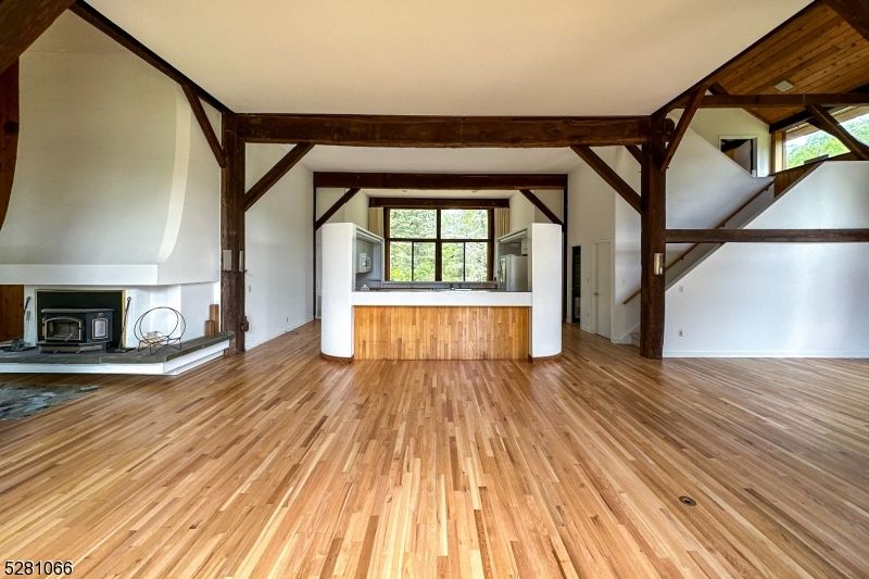 Empty room, Fireplace, Interior, Wooden Beams, Wood Texture Flooring