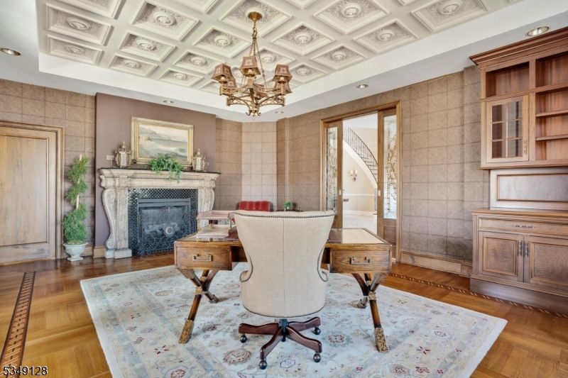 Chandelier, Fireplace, Home Office, Interior, Recessed Lighting, Wood Texture Flooring