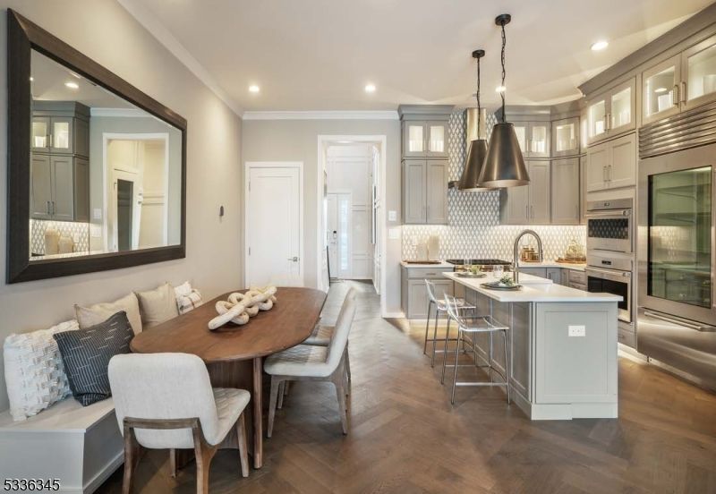 Dining room, Interior, Kitchen, Pendant Lights, Recessed Lighting, Stainless Steel Appliances, Wood Texture Flooring