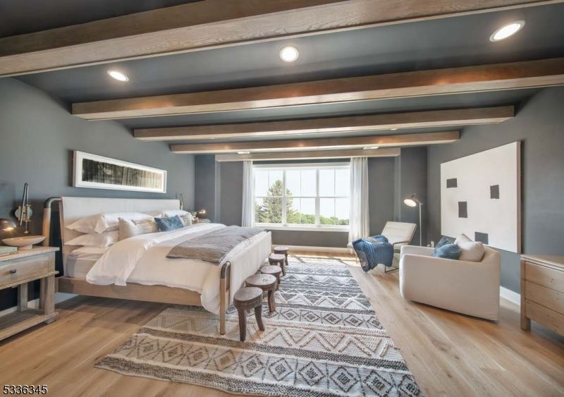 Bedroom, Interior, Recessed Lighting, Wooden Beams, Wood Texture Flooring