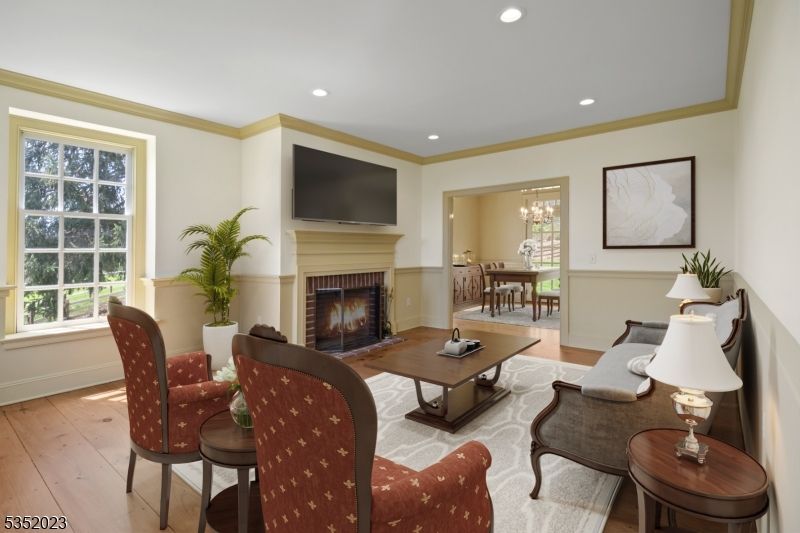 Chandelier, Dining room, Fireplace, Interior, Living room, Recessed Lighting, Wood Texture Flooring