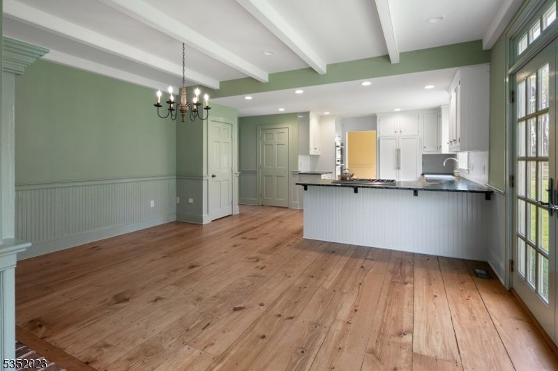 Chandelier, Interior, Kitchen, Recessed Lighting, Wood Texture Flooring