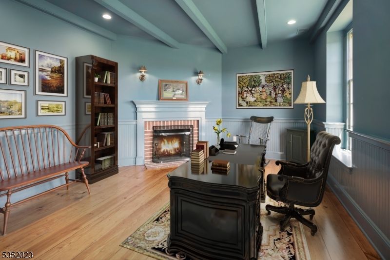 Fireplace, Home Office, Interior, Recessed Lighting, Wood Texture Flooring