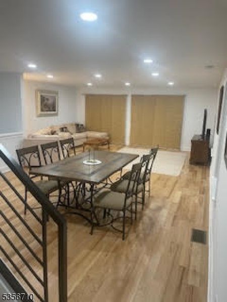 Dining room, Interior, Living room, Recessed Lighting, Wood Texture Flooring