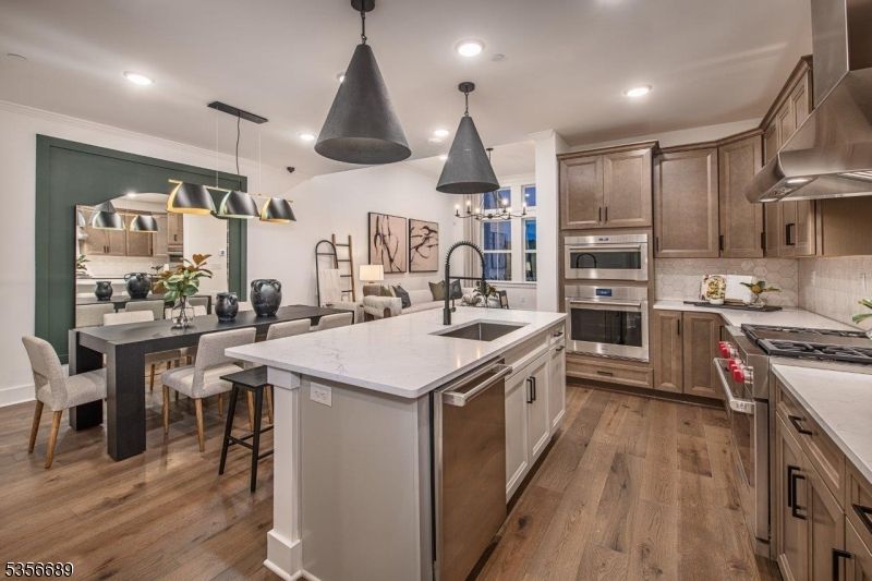 Interior, Kitchen, Pendant Lights, Recessed Lighting, Stainless Steel Appliances, Wood Texture Flooring
