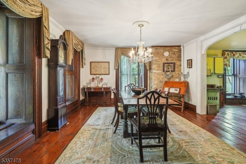 Chandelier, Dining room, Interior, Stone Walls, Wood Texture Flooring