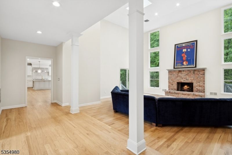 Fireplace, Interior, Living room, Pendant Lights, Recessed Lighting, Wood Texture Flooring