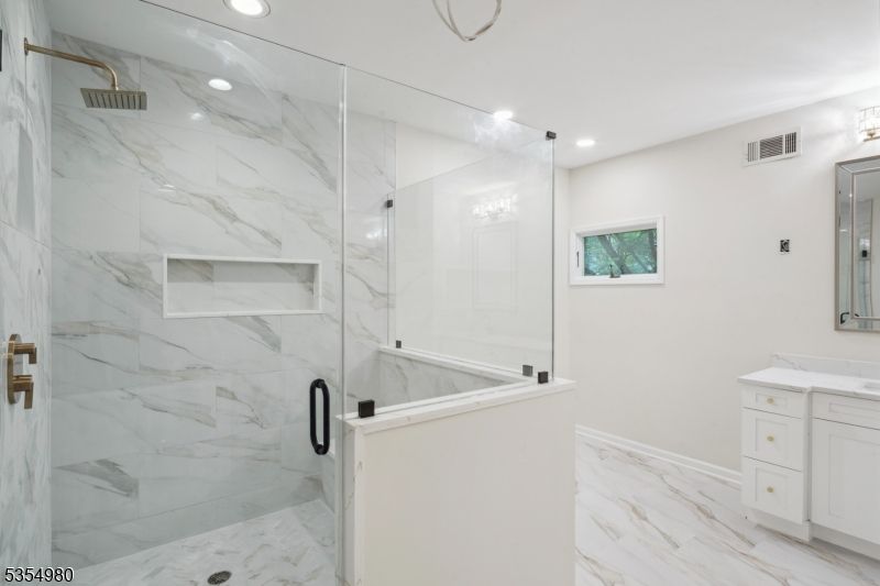 Bathroom, Glass Shower, Interior, Marble, Marble Walls, Recessed Lighting