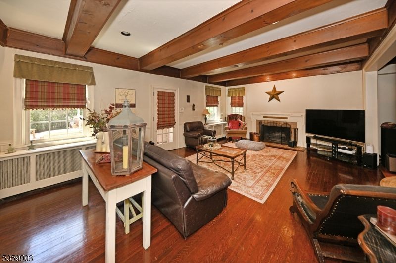Fireplace, Interior, Living room, Recessed Lighting, Wooden Beams, Wood Texture Flooring