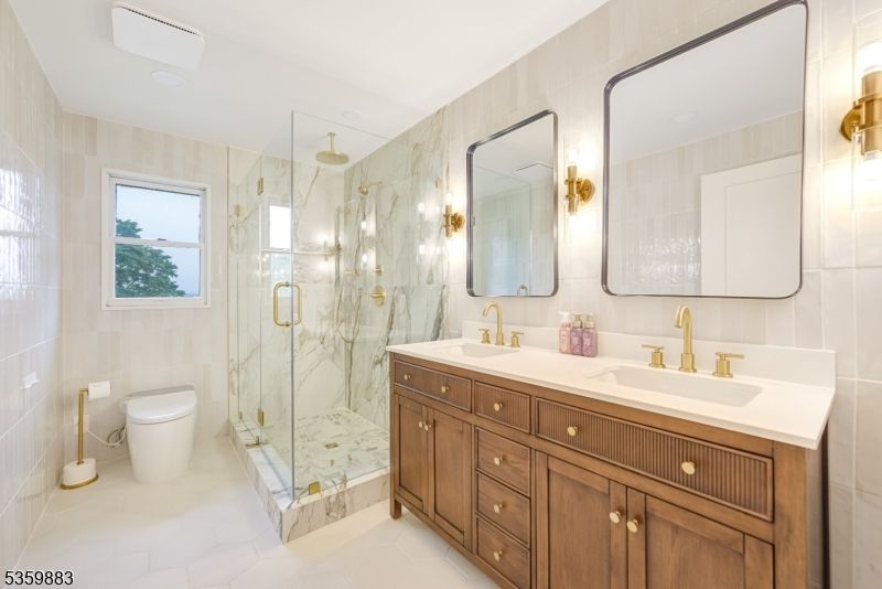 Bathroom, Dual Sink Vanities, Glass Shower, Interior, Marble Walls